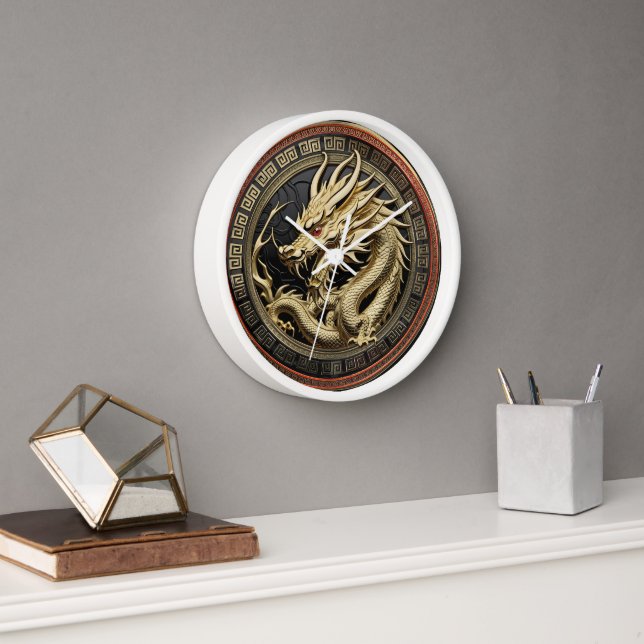 Gold Sacred Eastern Dragon over Medallion Clock (Office)