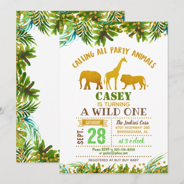 Gold Safari Animal Invitation Anniversaire (Devant / Derrière)