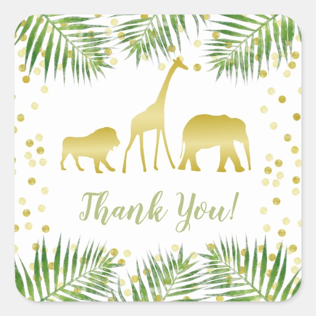 Gold Safari Animals Baby Shower Square Sticker (Front)
