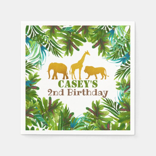 Gold Safari Animals Birthday Party Napkin - Custom (Front)