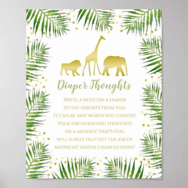 Gold Safari Baby Shower Diaper Thoughts Game Sign (Front)