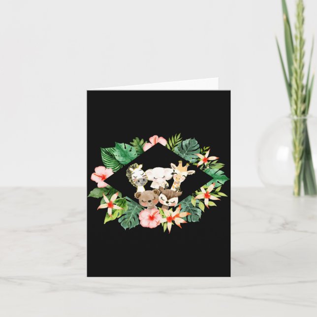 Gold Safari Friends Watercolor Floral Greenery Bab Card (Front)