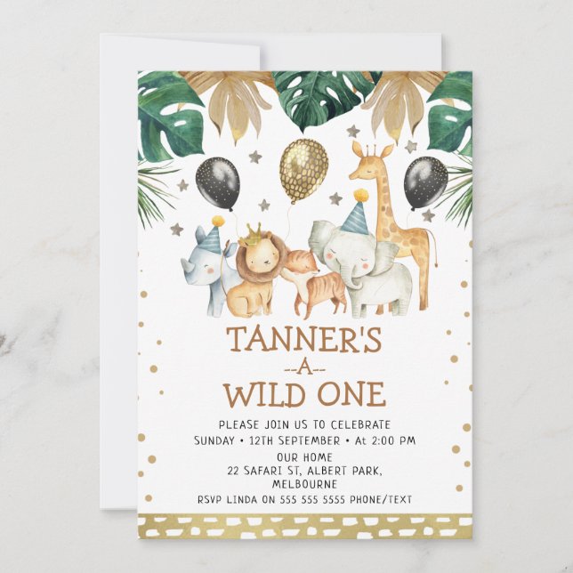 Gold Safari Pattern Wild One Safari Birthday Invitation (Front)