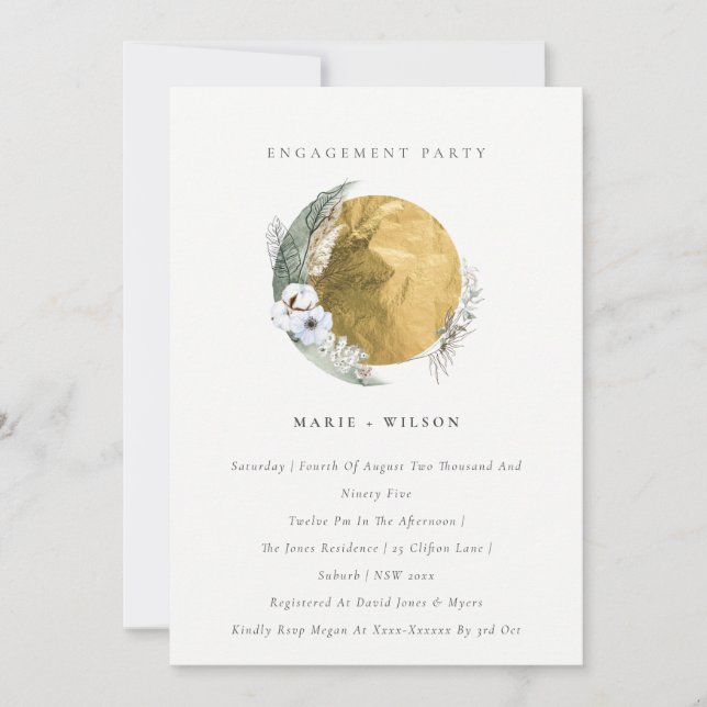 Gold Saga Green Floral Wreath Engagement Invite (Front)