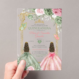 Gold Sage Green And Pink Twin Quinceañera Acrylic Invitations
