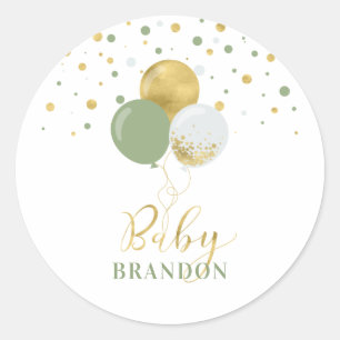 Gold & Sage Green Balloons   Baby Name Party Classic Round Sticker