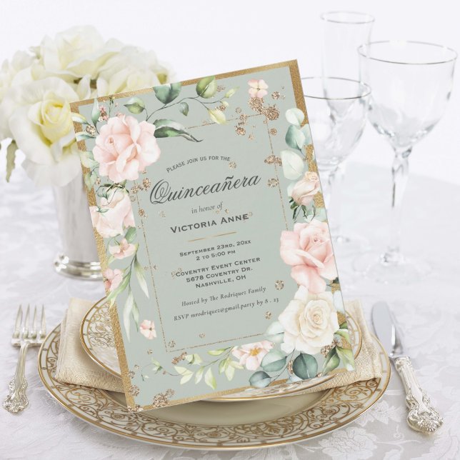Gold Sage Green Elegant Floral Quinceañera Invitation (Creator Uploaded)
