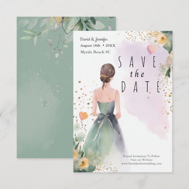   Gold Sage Green Eucalyptus Save The Date (Front/Back)