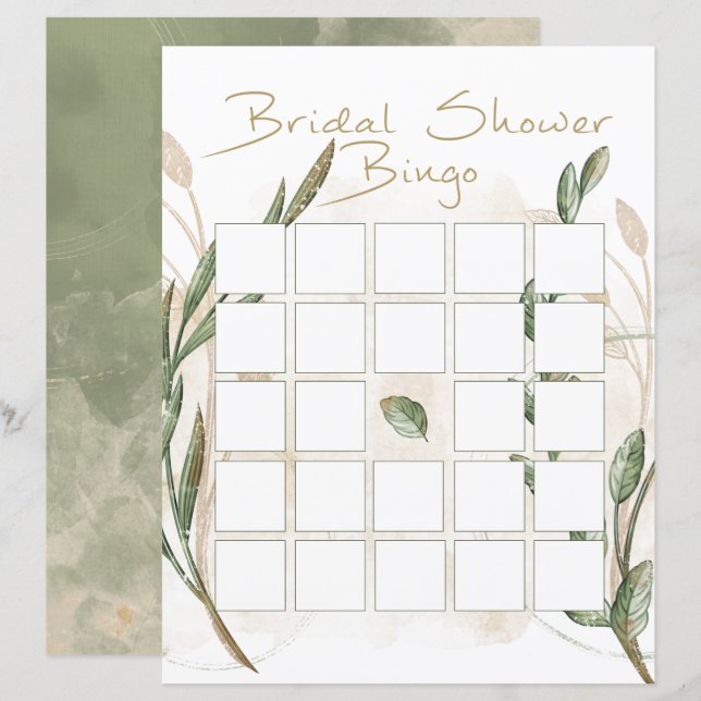 Gold Sage Green Floral Bridal Shower Bingo (Front/Back)