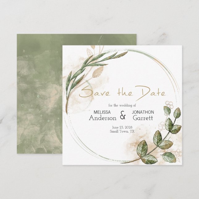 Gold Sage Green Floral Elegant Save The Date (Front/Back)