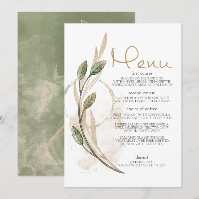 Gold Sage Green Floral Wedding Menu (Front/Back)