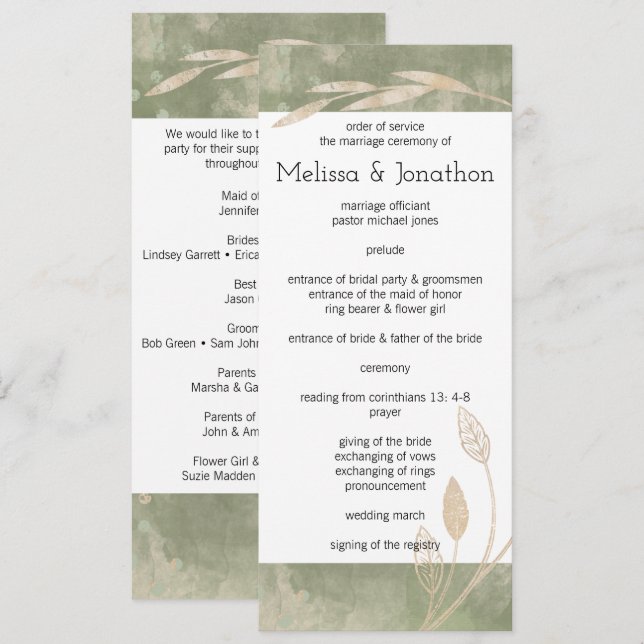Gold Sage Green Floral Wedding Programme (Devant / Derrière)