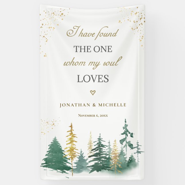 Gold Sage Green Forest Trees Bible Verse Wedding Banner (Vertical)