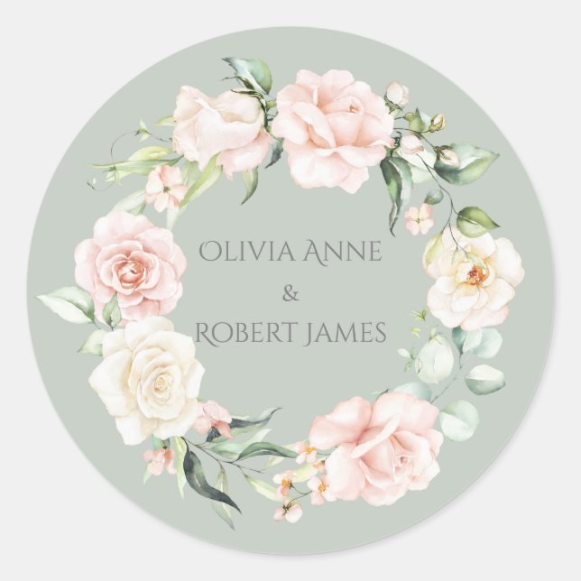 Gold Sage Green Pink Blush Floral Names Wedding Cl Classic Round Sticker (Front)