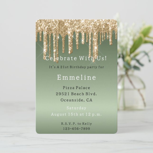 Gold Sage Green Sparkle Glitter Drips Birthday Invitation (Standing Front)
