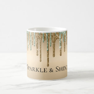 Gold Sage Green Sparkle Glitter Drips Coffee Mug