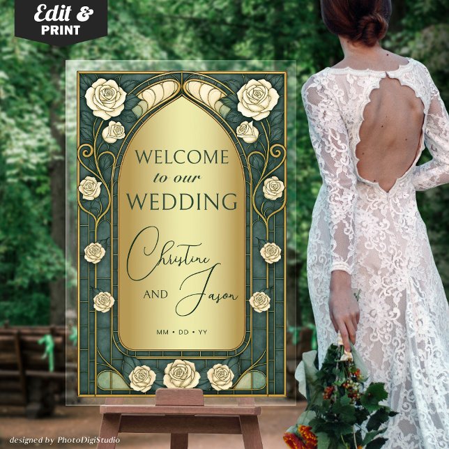 Gold Sage Vitrage Mariage Floral Bienvenue (Gold Sage Stained Glass Floral Wedding Welcome Acrylic Art Nouveau Sign )