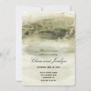 Gold & Sage Watercolor Wave Wedding Invitation