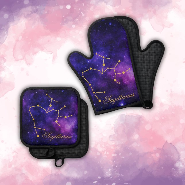 Gold Sagittarius Constellation on Dark Galaxy | Oven Mitt & Pot Holder Set (Creator Uploaded)