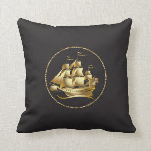 Gold Sailboat Nautical Throw Pillow