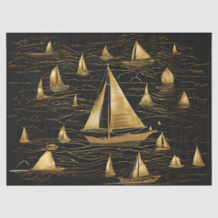 Gold Sailboats on Black Sea Tissue Paper