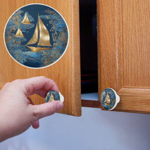 Gold Sailboats on Blue Sea Ceramic Knob