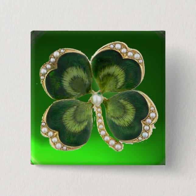 Gold Saint Patrick Shamrock Jewel with Pearls 2 Inch Square Button (Front)