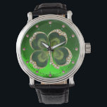 Gold Saint Patrick Shamrock Jewel with Pearls Watch<br><div class="desc">Elegant green floral jewel with pearls and clover for St.Paddy's Day (, St. Patty ).</div>