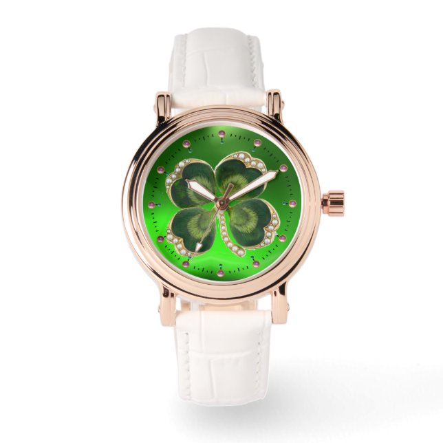 Gold Saint Patrick Shamrock Jewel with Pearls Watch (Front)