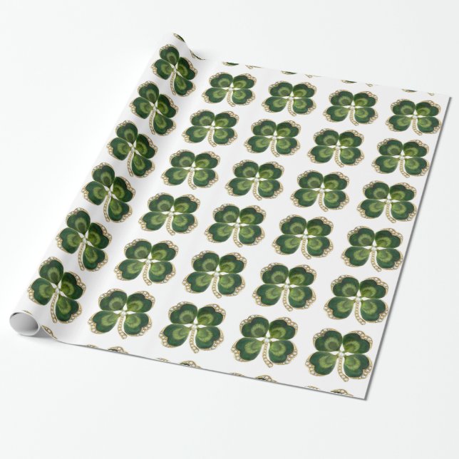 Gold Saint Patrick Shamrock Jewel with Pearls Wrapping Paper (Unrolled)