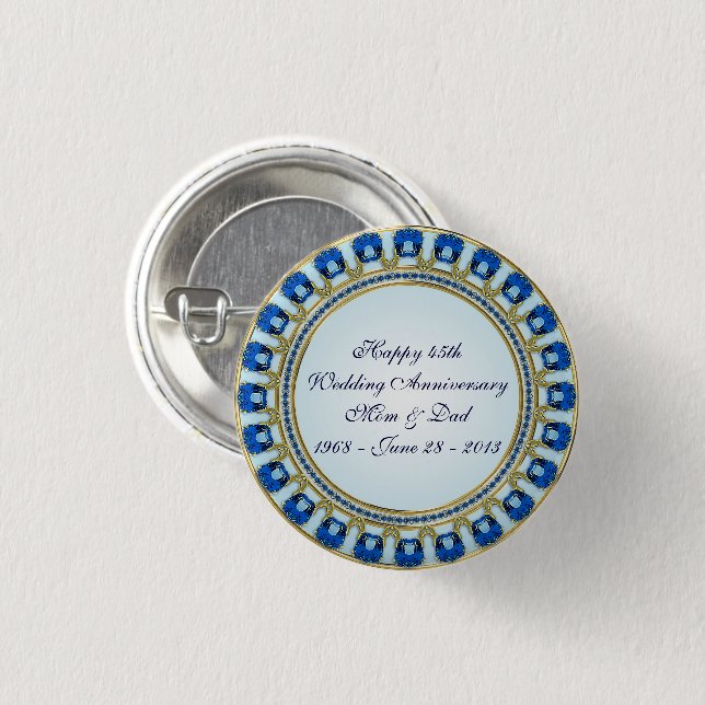 Gold Sapphire Blue 45th Wedding Anniversary 1 Inch Round Button (Front & Back)