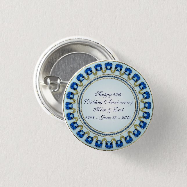 Gold Sapphire Blue 45th Wedding Anniversary 1 Inch Round Button (Front & Back)