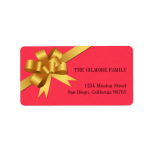 Gold satin gift bow ribbon holiday return address label