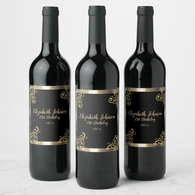 Gold Satin Glitter Scroll  Birthday  Wine Label (Bottles)