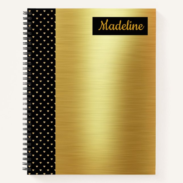 Gold Satin with Black and Gold Hearts Panel Notebook (Front)