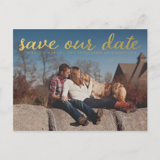 Gold Save Our Date Photo Overlay Postcard (Front)