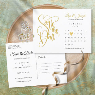 Gold Save the Date Calendar Love Heart Postcard