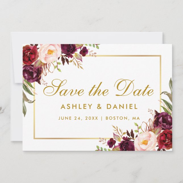 Gold  Save The Date Floral Burgundy (Front)