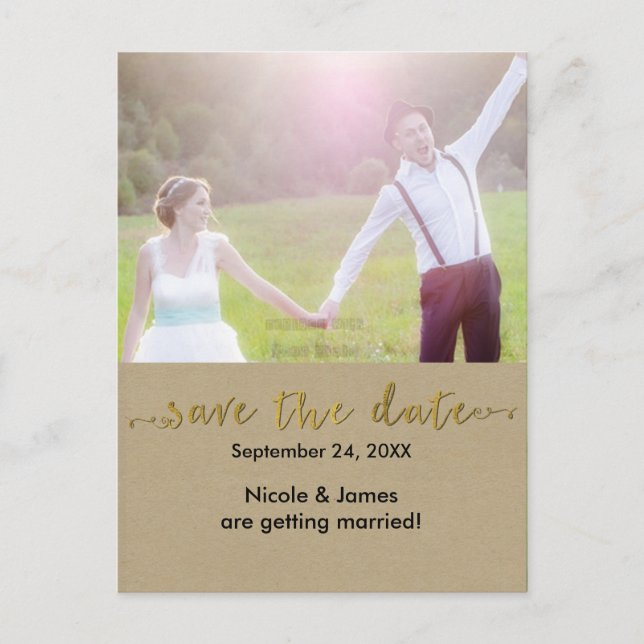 Gold SAVE THE DATE Rustic Photo Wedding Postcard (Front)