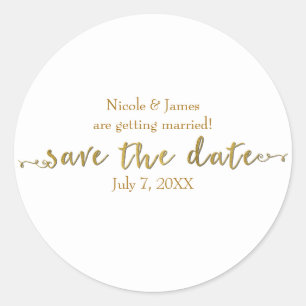Gold Save the Date Script Custom Personalized Classic Round Sticker