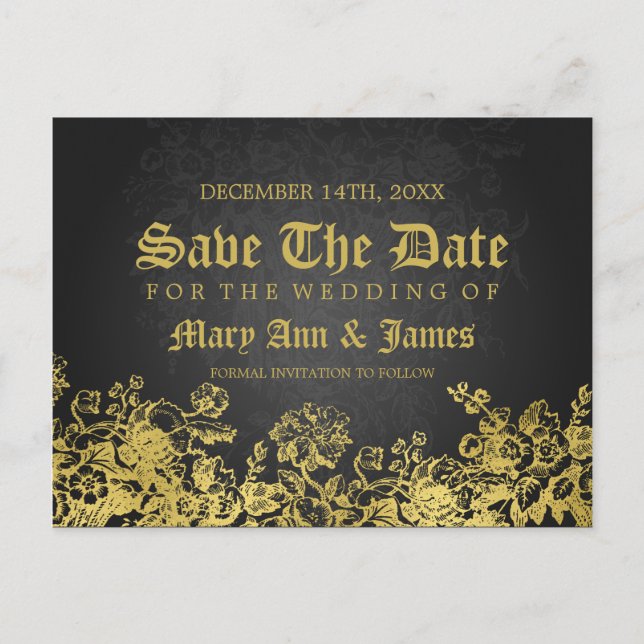 Gold Save The Date Victorian Flourish Black Announcement Postcard (Front)