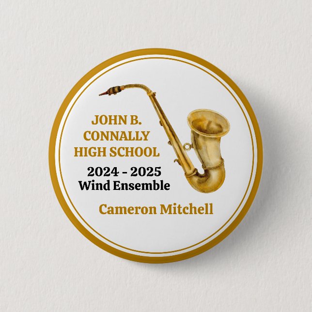 Gold Saxophone Player Personalized Band 2 Inch Round Button (Front)