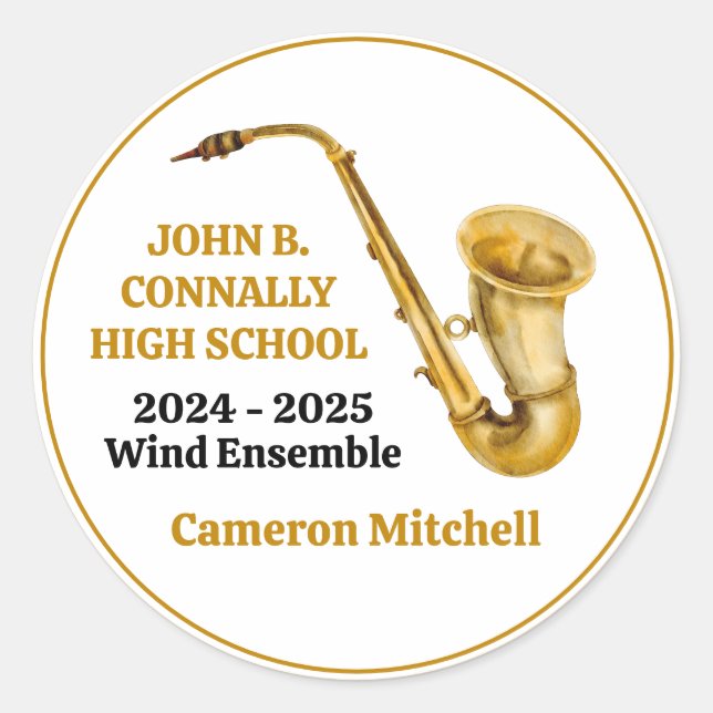 Gold Saxophone Player Personalized Band Classic Round Sticker (Front)
