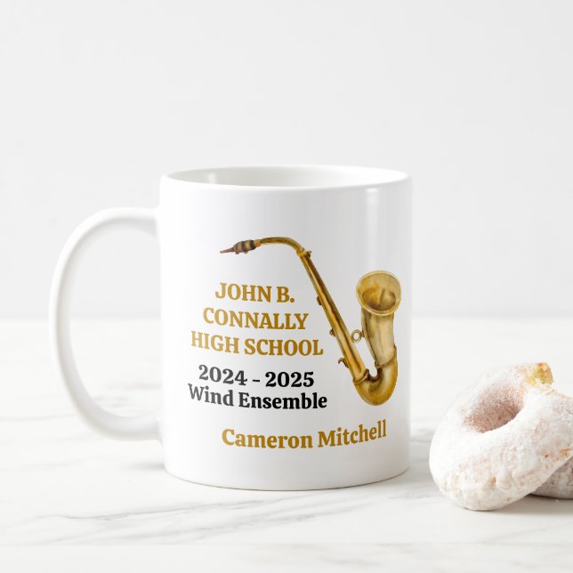 Gold Saxophone Player Personalized Band Coffee Mug (With Donut)