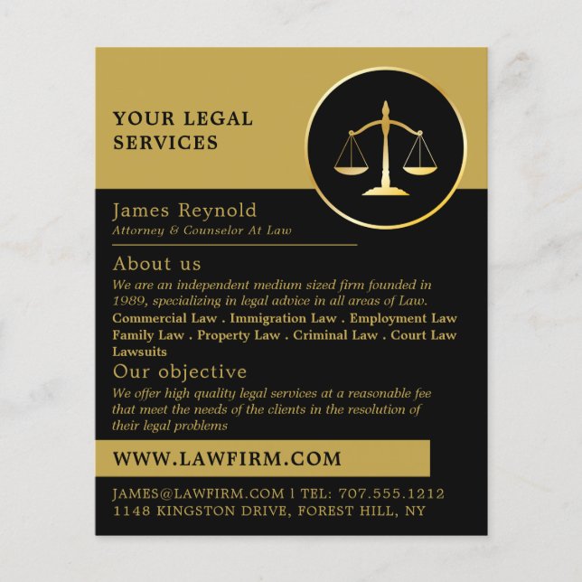Gold Scales of Justice, Legal Services Advertising Flyer (Front)