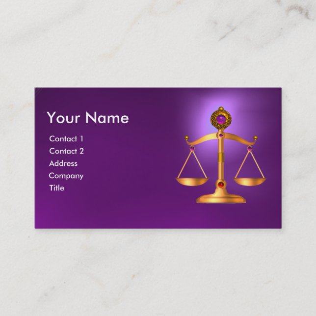 GOLD SCALES OF LAW,ATTORNEY PURPLE GEM MONOGRAM BUSINESS CARD (Front)