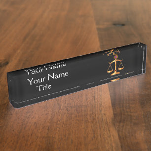 GOLD SCALES OF LAW,JUSTICE SYMBOL ATTORNEY Black Nameplate