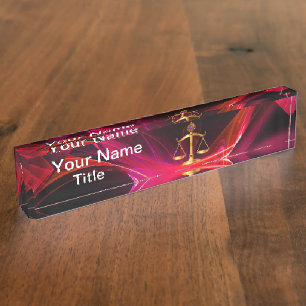 GOLD SCALES OF LAW ,Justice Symbol Red Black Nameplate
