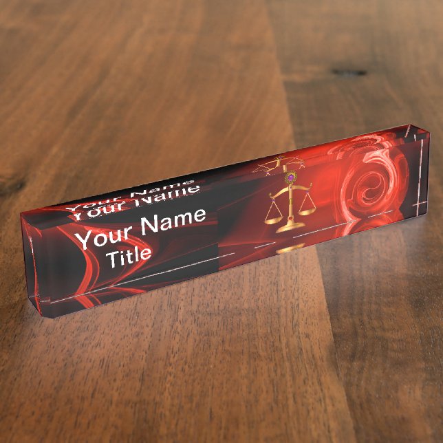 GOLD SCALES OF LAW ,Justice Symbol Red Black Nameplate (Side)
