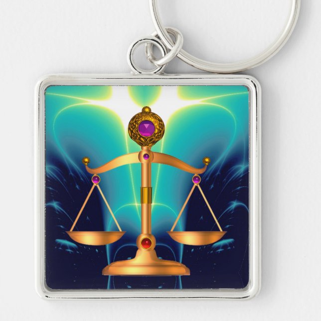 GOLD SCALES OF LAW WITH GEM STONES ,Justice Symbol Keychain (Front)
